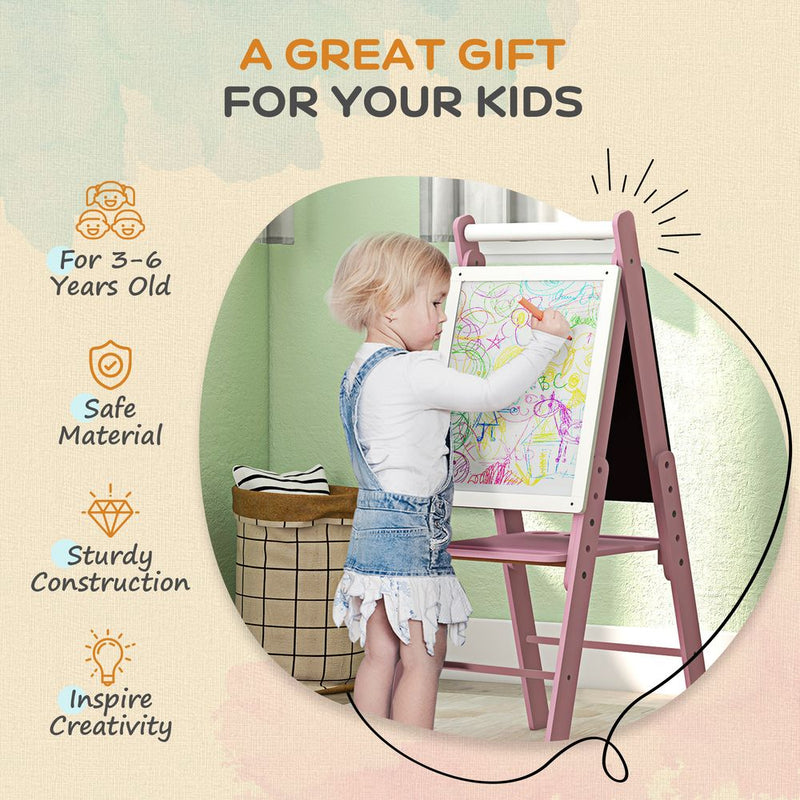 Art Easel for Kids, Double-Sided Whiteboard Chalkboard w/ Paper Roll - Pink