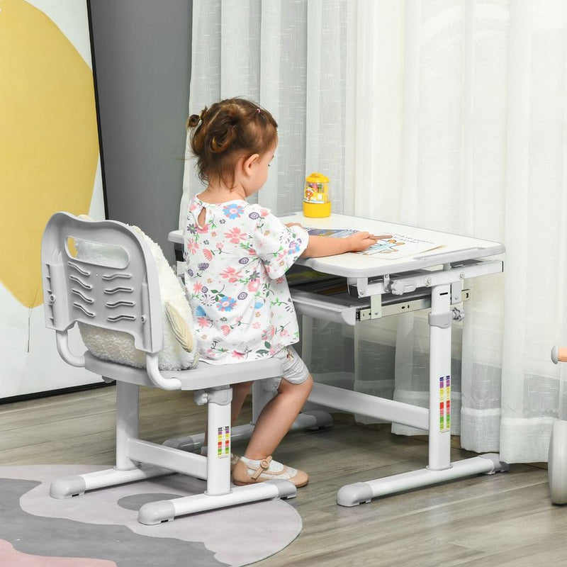 Kids Desk and Chair Set Adjustable Tiltable With Drawer, Pen Slot, Hook