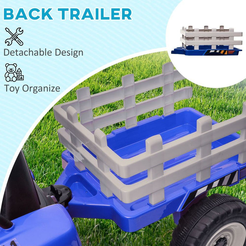 Ride on Tractor with Detachable Trailer, Remote Control, Music - Blue