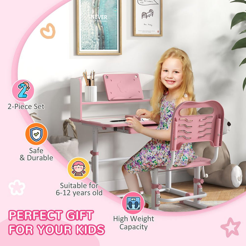 Height Adjustable Kids Desk and Chair Set, with Drawer, Bookshelf, Pink