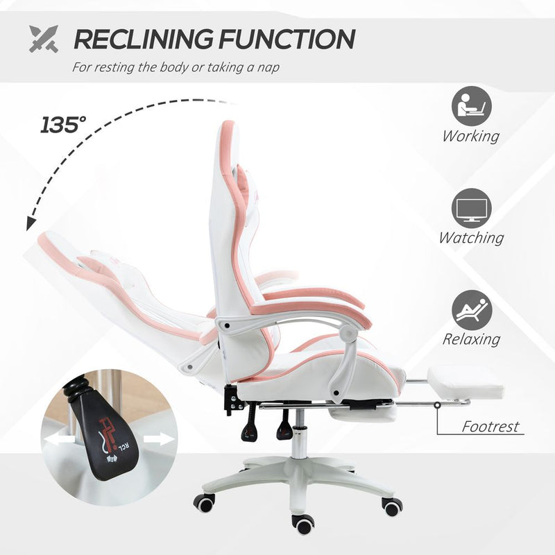 360° Swivel Gaming Chair with Adjustable Lumbar Support - White/Pink