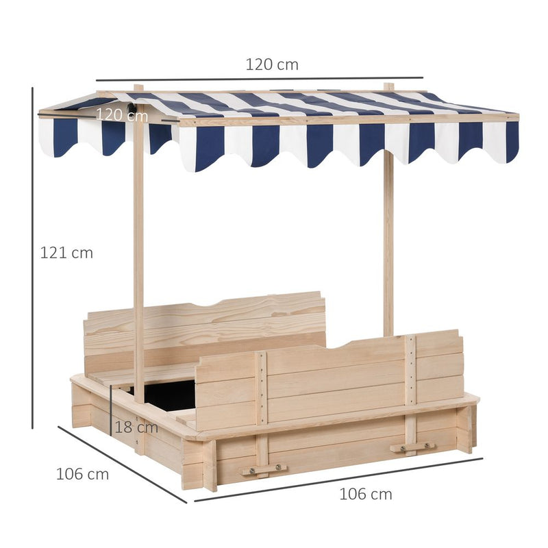 Wooden Sand Pit for Kids with Adjustable Canopy and Detachable Bench Seats