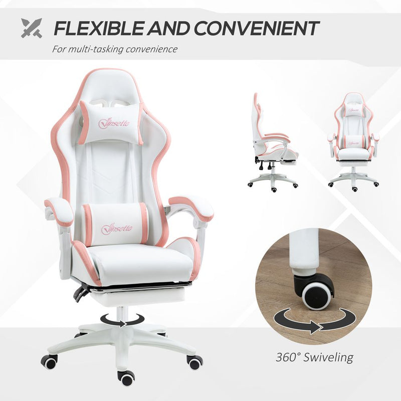 360° Swivel Gaming Chair with Adjustable Lumbar Support - White/Pink