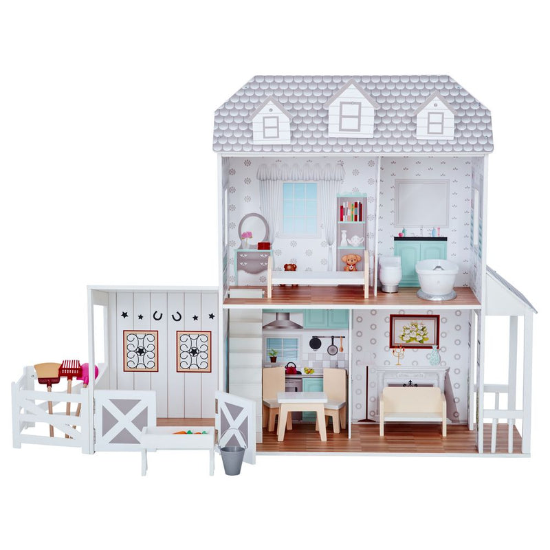 Spacious Charming Farmhouse Dollhouse - Interactive Porch Set & 14 Accessories