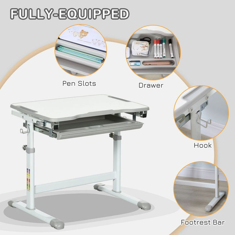 Kids Desk and Chair Set Adjustable Tiltable With Drawer, Pen Slot, Hook