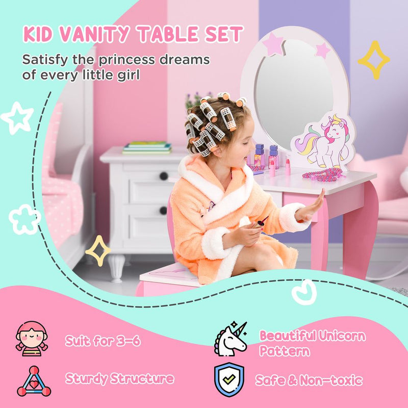 Kids Dressing Table, Girls Vanity Set With Mirror and Stool Unicorn-Designed