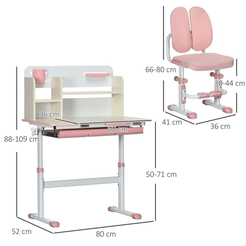 Children's Height Adjustable Study Desk and Chair - Pink with Storage