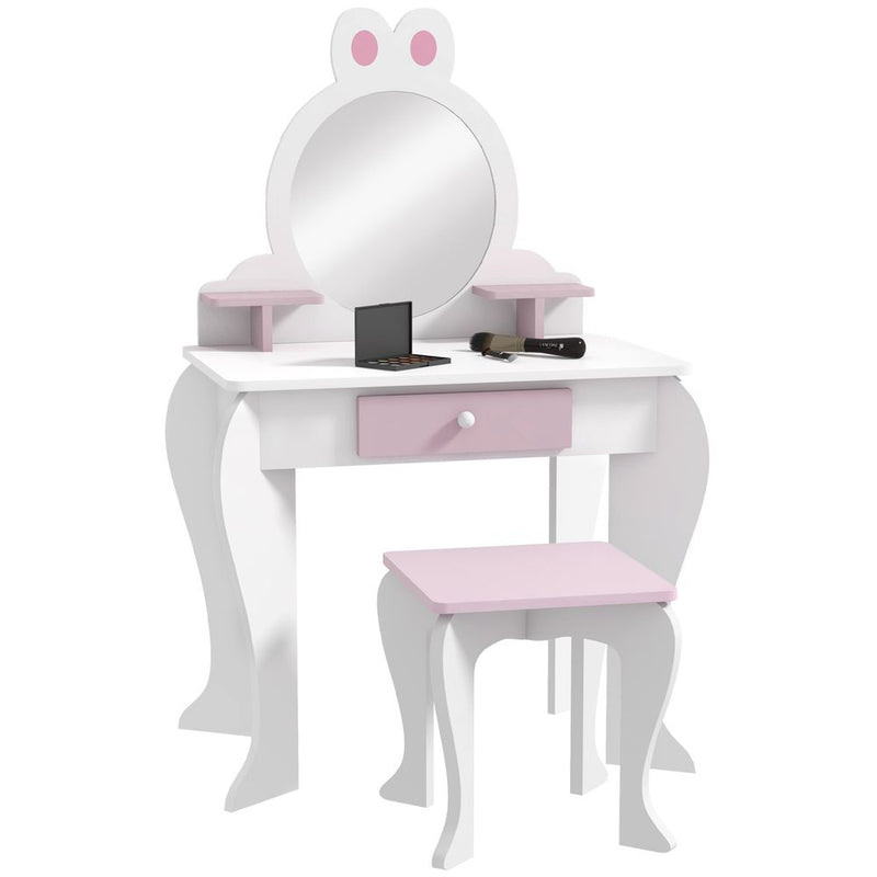 Kids Dressing Table with Mirror and Stool, Drawer, Storage Shelf