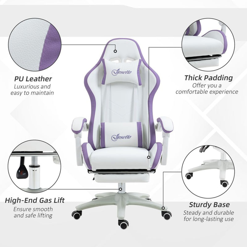 Adjustable Height Gaming Chair with Headrest & Lumbar Support - White/Purple