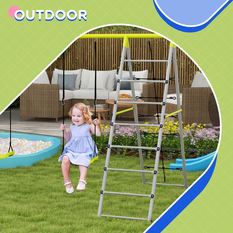 4-in-1 Metal Kids Swing Set with Double Swings, Climber, Climbing Net