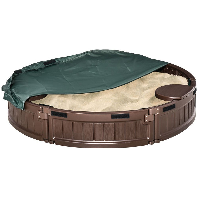 Kids Outdoor Round Sandbox w/ Oxford Canopy for 3-12 years old Brown