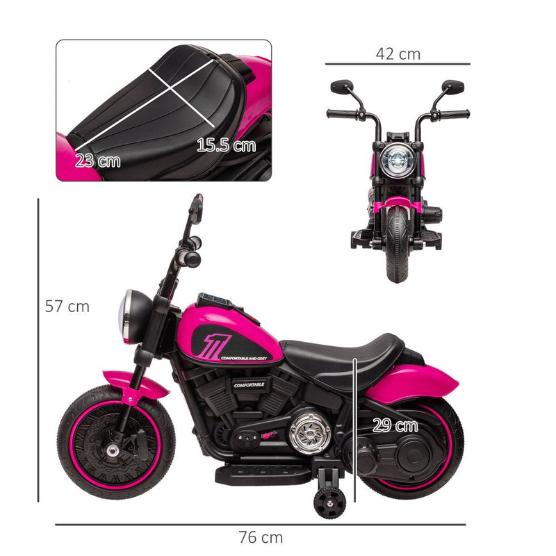 6V Electric Motorbike With Training Wheels, One-Button Start, Headlight - Pink