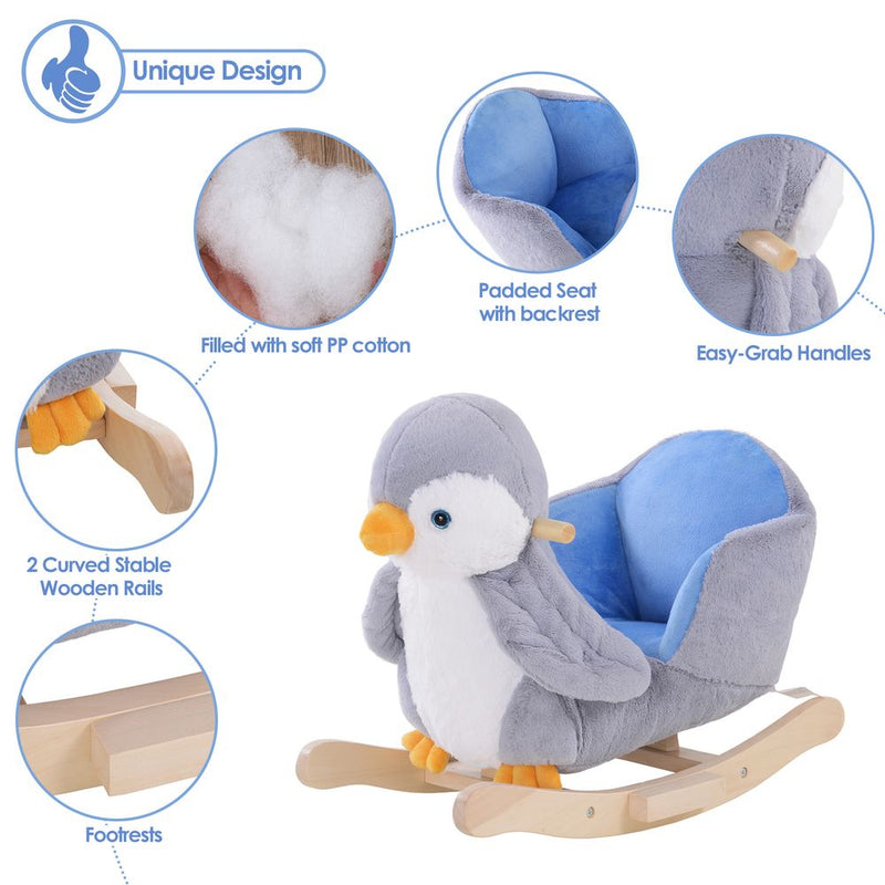 Animal Baby Rocking Horse Penguin Plush Musical Button With 32 Songs Wood