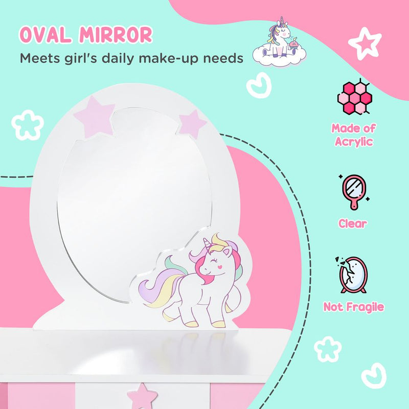 Kids Dressing Table, Girls Vanity Set With Mirror and Stool Unicorn-Designed