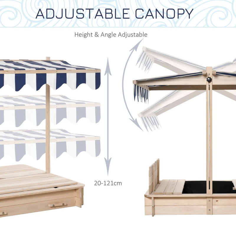 Wooden Sand Pit for Kids with Adjustable Canopy and Detachable Bench Seats