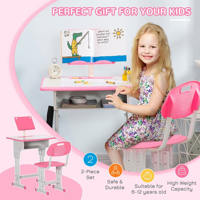 Kids Desk and Chair Set With Drawer, Book Stand, Cup Holder, Pen Slot, Pink