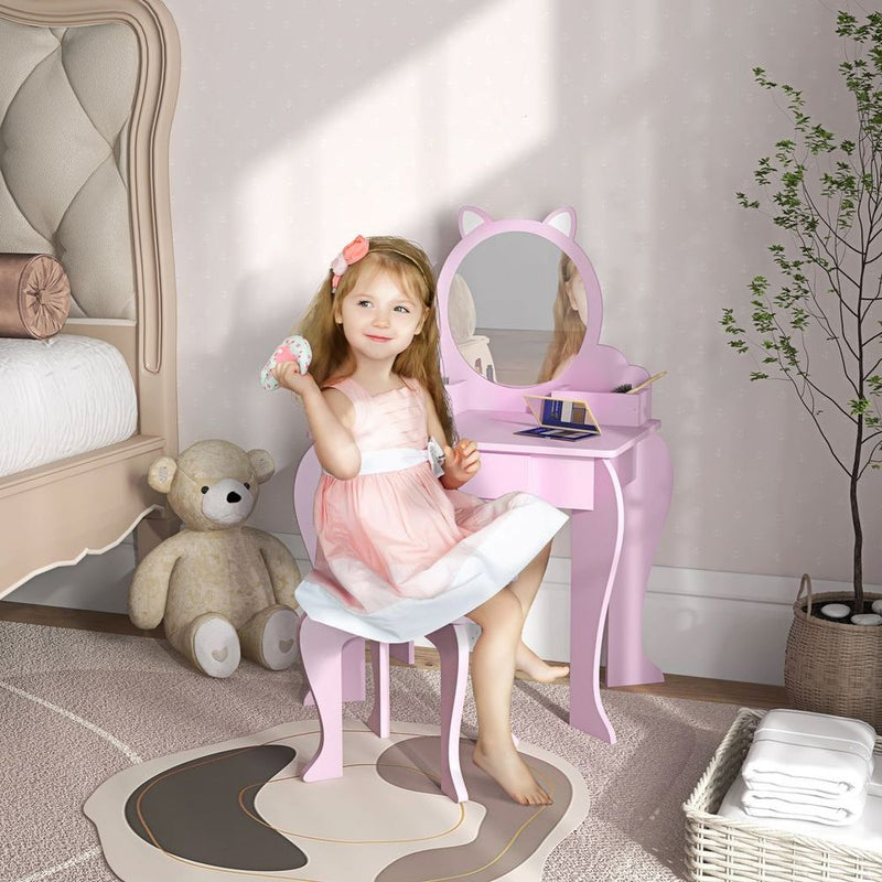 Kids Dressing Table Cat Design with Mirror Stool