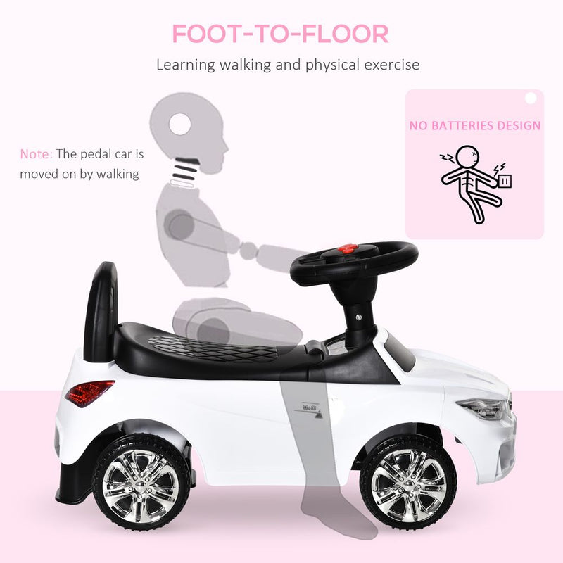 Toddler Ride-On Car Slider with Music, Lights & Under-Seat Storage - White