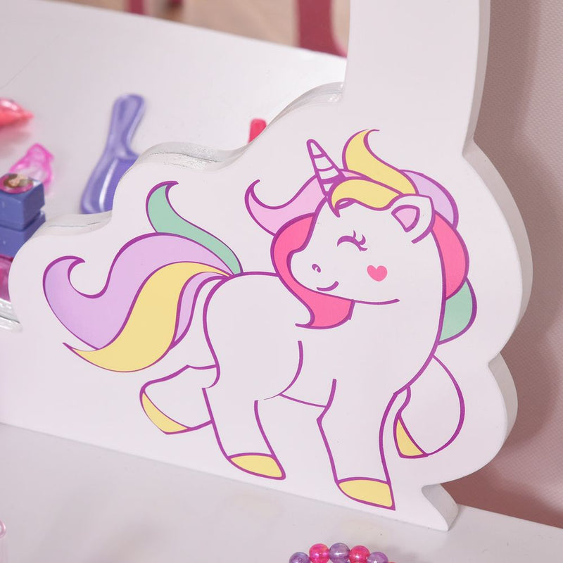 Kids Dressing Table, Girls Vanity Set With Mirror and Stool Unicorn-Designed