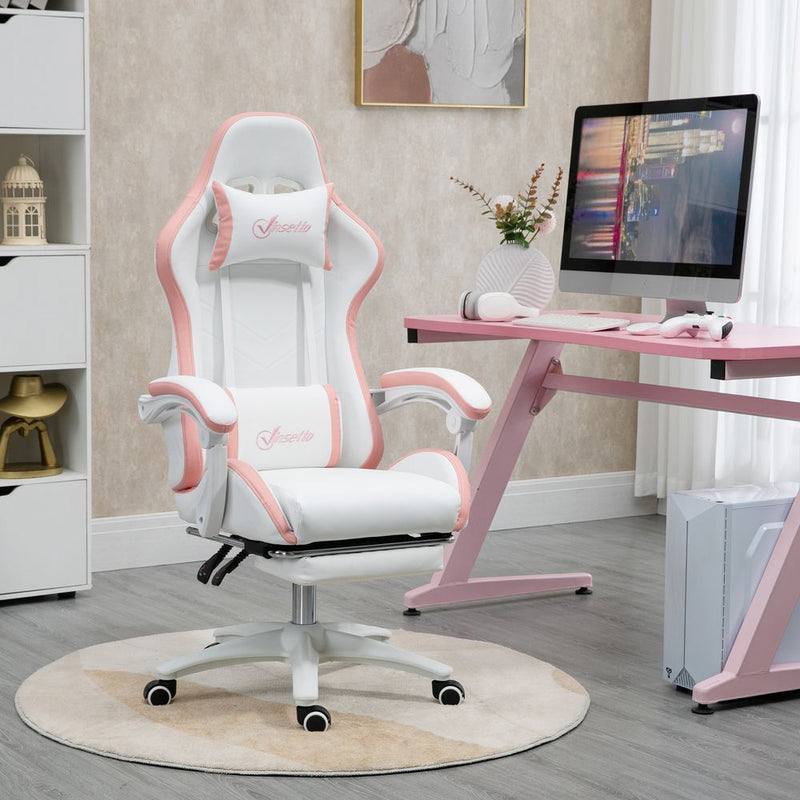 360° Swivel Gaming Chair with Adjustable Lumbar Support - White/Pink