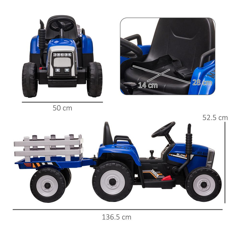 Ride on Tractor with Detachable Trailer, Remote Control, Music - Blue