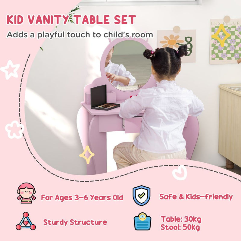 Kids Dressing Table Cat Design with Mirror Stool