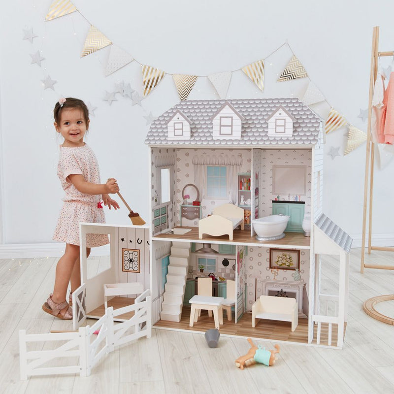 Spacious Charming Farmhouse Dollhouse - Interactive Porch Set & 14 Accessories