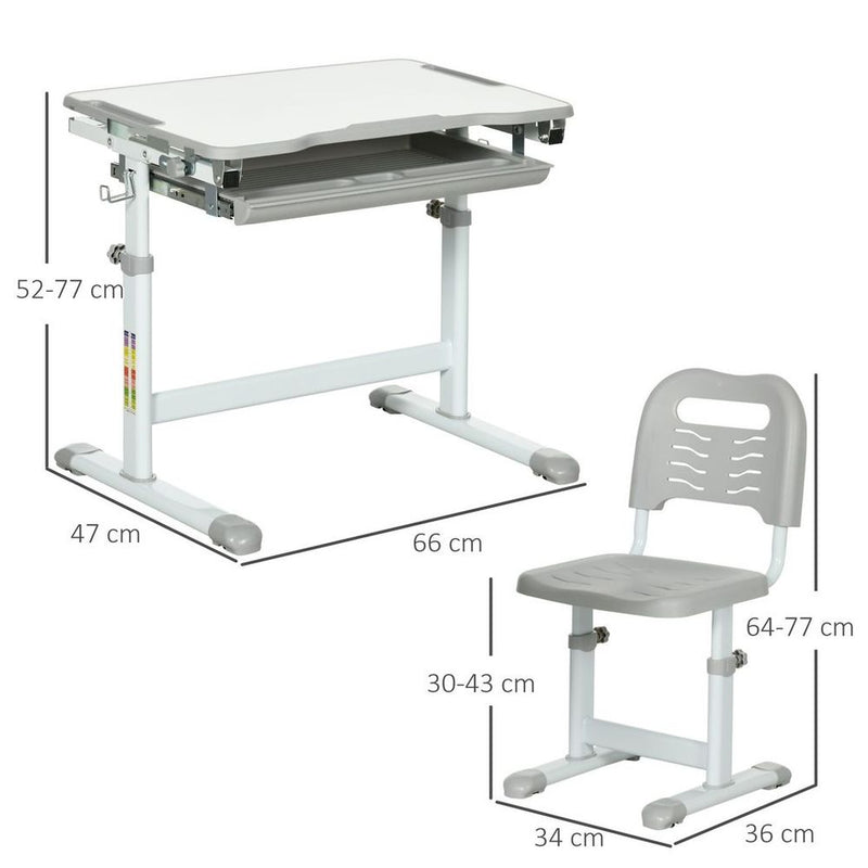 Kids Desk and Chair Set Adjustable Tiltable With Drawer, Pen Slot, Hook